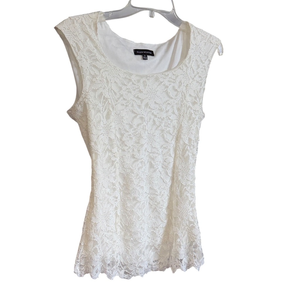 Ellen Weaver Ivory White Floral Lace Sleeveless Scoop Neck Lined Tank Top Small